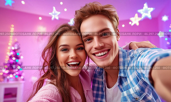 A happy young couple takes a selfie against the backdrop of bright garlands and sparkling snowflakes, conveying an atmosphere of joy, coziness and festive mood. Стоковое AI-изображение, AI-художник ArtVladZ / Фотобанк Лори