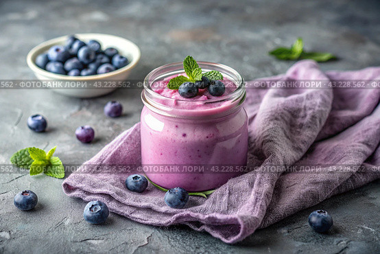A healthy, healthy breakfast. Homemade blueberry yogurt with fresh blueberries, vintage spoon and towel on a stylish gray background. Стоковое AI-изображение, AI-художник Photojuli / Фотобанк Лори