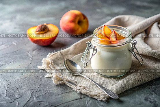 A healthy, healthy breakfast. Homemade peach yogurt with fresh peaches, vintage spoon and towel on a stylish gray background. Стоковое AI-изображение, AI-художник Photojuli / Фотобанк Лори