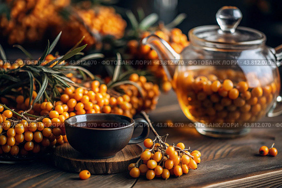 A healthy, ripe sea buckthorn berry in close-up. Vitamin, orange, autumn, seasonal tea made from sea buckthorn berries on a dark background. Berry tea for the immune system. Стоковое AI-изображение, AI-художник Photojuli / Фотобанк Лори