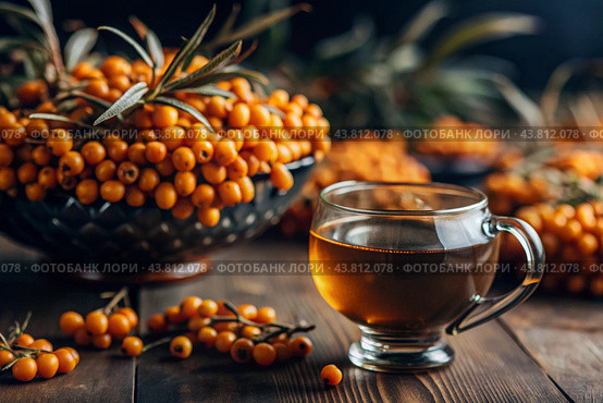A healthy, ripe sea buckthorn berry in close-up. Vitamin, orange, autumn, seasonal tea made from sea buckthorn berries on a dark background. Berry tea for the immune system. Стоковое AI-изображение, AI-художник Photojuli / Фотобанк Лори