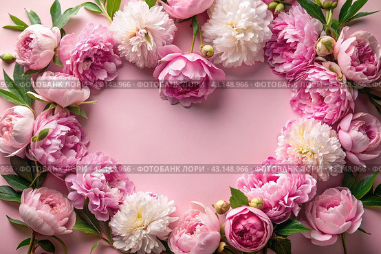 A heart-shaped frame with beautiful peony flowers on a pastel pink background. Flat layout, top view, place to copy, summer flowers. Стоковое AI-изображение, AI-художник Photojuli / Фотобанк Лори