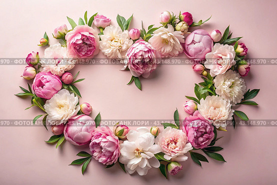 A heart-shaped frame with beautiful peony flowers on a pastel pink background. Flat layout, top view, place to copy, summer flowers. Стоковое AI-изображение, AI-художник Photojuli / Фотобанк Лори