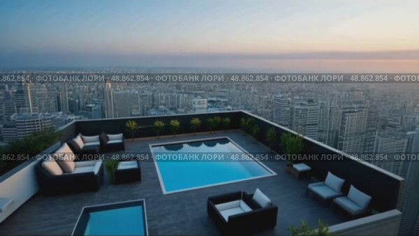 A high-rise apartment building with a rooftop terrace, offering panoramic views of the city skyline and modern living among downtown. Стоковое AI-видео, аниматор Sergey Grishin / Фотобанк Лори