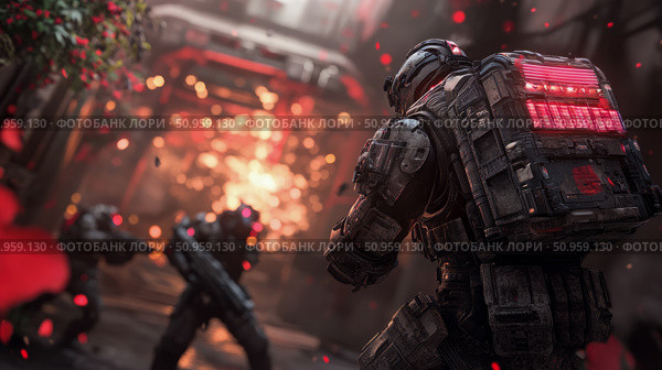 A highly armored futuristic combatant engaged in an intense urban firefight amidst explosions and glowing debris, evoking a dramatic sci-fi battle scene. Стоковое AI-изображение, AI-художник Данила Большаков / Фотобанк Лори