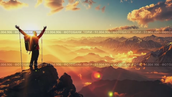 A hiker stands on a rocky peak, enjoying a vibrant sunset over the majestic Rocky Mountains and the layers of clouds below. Стоковое AI-видео, аниматор Данила Большаков / Фотобанк Лори