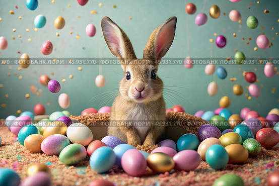 A holiday banner. A cute Easter bunny is peeking out of a hole with colorful eggs all around. The concept of a happy Easter. Стоковое AI-изображение, AI-художник Photojuli / Фотобанк Лори