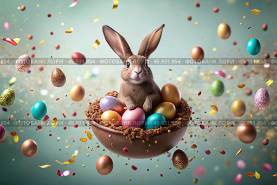 A holiday banner. A cute Easter bunny is peeking out of a hole with colorful eggs all around. The concept of a happy Easter. Стоковое AI-изображение, AI-художник Photojuli / Фотобанк Лори