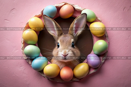 A holiday banner. A cute Easter bunny is peeking out of a hole with colorful eggs all around. The concept of a happy Easter. Стоковое AI-изображение, AI-художник Photojuli / Фотобанк Лори