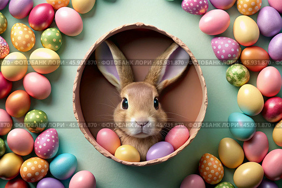 A holiday banner. A cute Easter bunny is peeking out of a hole with colorful eggs all around. The concept of a happy Easter. Стоковое AI-изображение, AI-художник Photojuli / Фотобанк Лори
