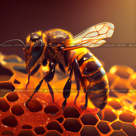 A honey bee sits on a honeycomb. Close-up shooting. Стоковая иллюстрация, иллюстратор Ярославский Максим / Фотобанк Лори