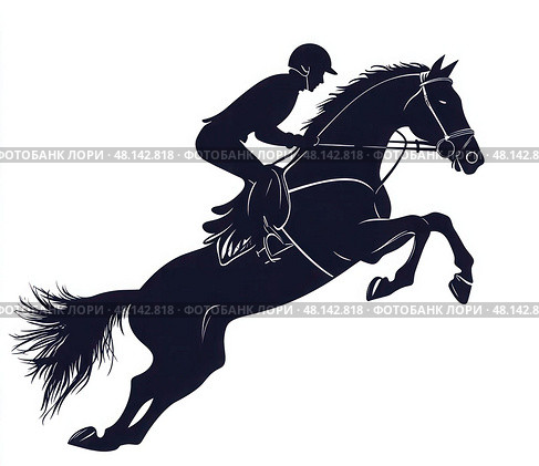 A horse is jumping in the air with a rider on top of it. Стоковое AI-изображение, AI-художник Ярославский Максим / Фотобанк Лори