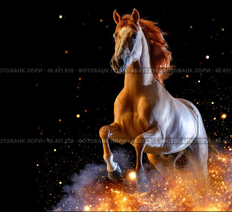 A horse is standing in a field of fire, with its head held high. Стоковое AI-изображение, AI-художник Ярославский Максим / Фотобанк Лори