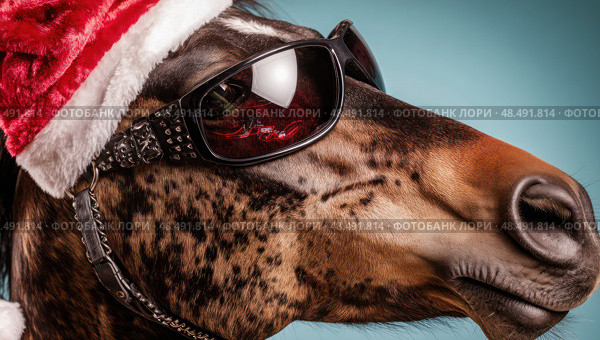 A horse wearing sunglasses and a Santa hat, against a solid color background, in the style of a stock photo. Стоковое AI-изображение, AI-художник Ярославский Максим / Фотобанк Лори