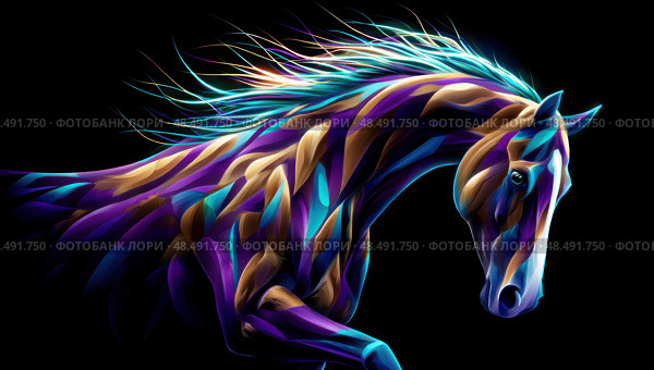 A horse with a purple mane and tail is jumping in the air. Стоковое AI-изображение, AI-художник Ярославский Максим / Фотобанк Лори