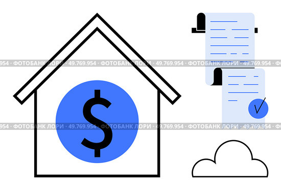 A house with a dollar symbol, a stack of receipts with a checkmark, and a cloud. Ideal for finance, budgeting, home expenses, real estate, and financial planning. Simple vector style. House with Dollar Symbol and Receipts Highlighting Financial Management and Home Expenses. Стоковая иллюстрация, агентство Ingram Publishing / Фотобанк Лори
