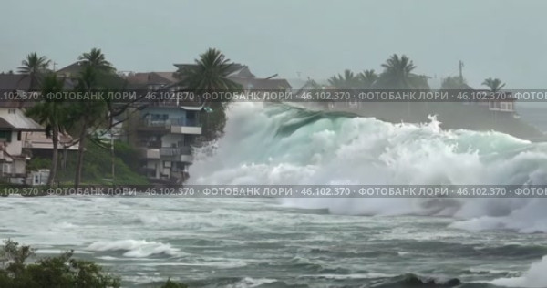 A huge tsunami wave hit a coastal residential complex, destroying everything in its path. Стоковое AI-видео, аниматор Александр Довянский / Фотобанк Лори