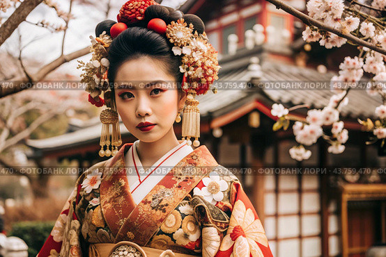 A Japanese girl in a traditional national costume - a kimono. Against the background of houses, lanterns and cherry trees. The portrait symbolizes the traditions and culture of the people of Japan. Стоковое AI-изображение, AI-художник Photojuli / Фотобанк Лори