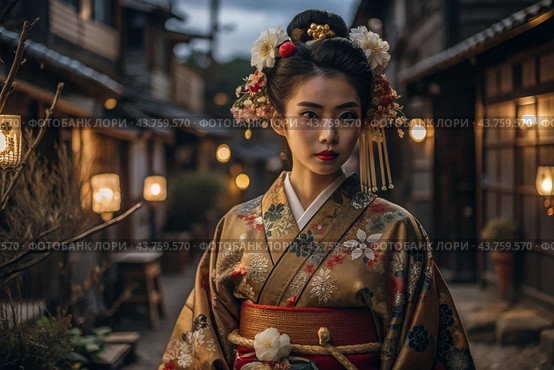 A Japanese girl in a traditional national costume - a kimono. Against the background of houses, lanterns and cherry trees. The portrait symbolizes the traditions and culture of the people of Japan. Стоковое AI-изображение, AI-художник Photojuli / Фотобанк Лори