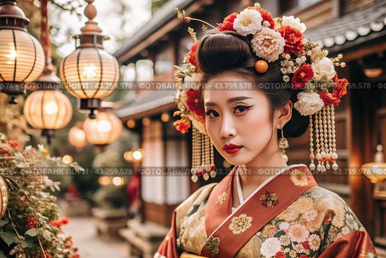 A Japanese girl in a traditional national costume - a kimono. Against the background of houses, lanterns and cherry trees. The portrait symbolizes the traditions and culture of the people of Japan. Стоковое AI-изображение, AI-художник Photojuli / Фотобанк Лори