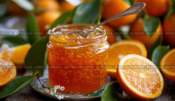 A jar of orange jam is sitting on a plate with a spoon next to it. Стоковое AI-изображение, AI-художник Ярославский Максим / Фотобанк Лори