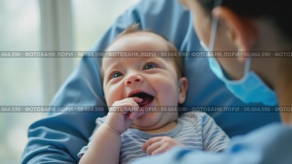 A Joyful Baby Smiles While Being Held by a Caregiver in a Calm Indoor Environment. Стоковое AI-видео, аниматор Sergey Grishin / Фотобанк Лори