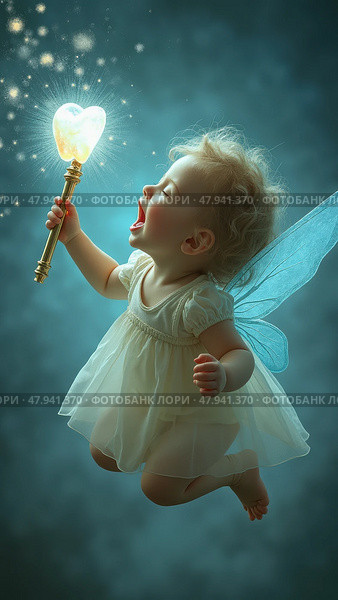 A Joyful Fairy With Transparent Blue Wings is Floating Near a Sleeping Baby, Holding a Magic Wand That Emits Light. Стоковое AI-изображение, AI-художник Sergey Grishin / Фотобанк Лори