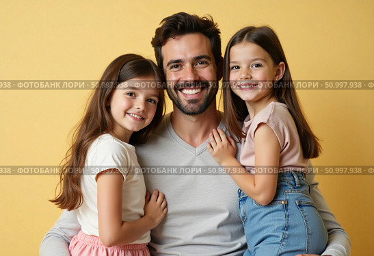 A joyful father is embraced by his two daughters, both smiling brightly and showcasing their playful personalities Generative AI. Стоковое AI-изображение, AI-художник Юлия Петровская / Фотобанк Лори