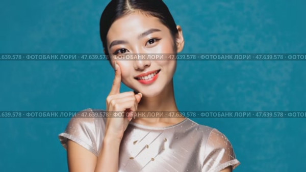 A joyful Japanese woman smiles while pointing at her face against a blue background, highlighting a skincare concept inspired by Asian beauty traditions. Стоковое AI-видео, аниматор Ирина Старикова / Фотобанк Лори