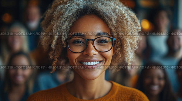 A joyful woman with curly hair and glasses beams with happiness in a bustling group setting, showcasing a warm and inviting atmosphere. Стоковое AI-изображение, AI-художник Данила Большаков / Фотобанк Лори