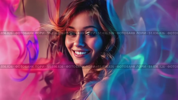 A joyous woman smiles brightly while colorful, swirling patterns create an engaging backdrop, showcasing creativity and expression. Стоковое AI-видео, аниматор Данила Большаков / Фотобанк Лори