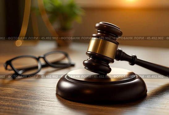 A judge's hammer with a wooden stand and judge's glasses. Стоковое AI-изображение, AI-художник RamA / Фотобанк Лори
