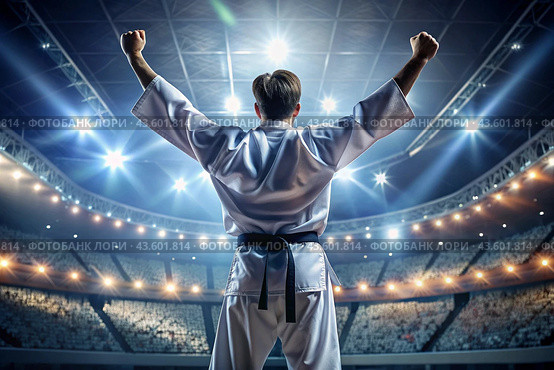 A karate athlete proudly raises his hands in the stadium in the light of spotlights and spotlights after becoming an Olympic champion. Стоковое AI-изображение, AI-художник Photojuli / Фотобанк Лори