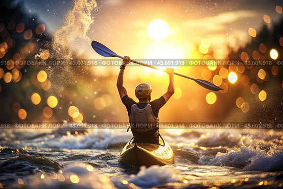A kayaker celebrates his victory with an oar in his hands on a blurred background of the river. Kayaker at the Summer Olympics. Стоковое AI-изображение, AI-художник Photojuli / Фотобанк Лори