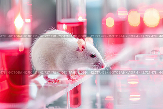 A laboratory test mouse among the laboratory equipment. Laboratory Animal Protection Day. Generated by AI. Стоковое AI-изображение, AI-художник Ярославский Максим / Фотобанк Лори
