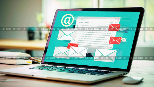 A laptop computer is currently switched on and displaying images of envelopes on its screen. Стоковое AI-изображение, AI-художник Юрий Поздников / Фотобанк Лори