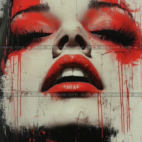 A large, almost hypnotic face of a woman with an open mouth and bright red lips. Her eyes are closed, and around the eyelids and on the cheeks there are red streaks, reminiscent of blood or paint, creating an effect of surreal tension. The skin seems smooth, almost marbled, and the contrast between the white background and the rich red color makes the composition especially expressive. The style is reminiscent of modern expressionist painting with elements of brutality and emotional breakdown. Стоковое AI-изображение, AI-художник Анна Кривицкая / Фотобанк Лори