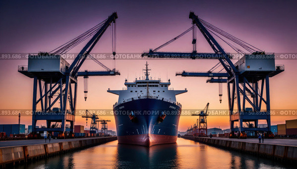 A large blue ship is docked at a port. Стоковое AI-изображение, AI-художник Ярославский Максим / Фотобанк Лори