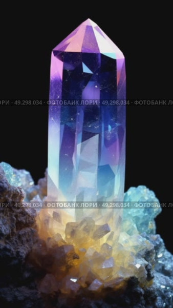 A large, clear quartz crystal with a pointed tip. The crystal displays a range of colors, including purple and blue, against a dark background. Стоковое AI-видео, аниматор Ольга Невская / Фотобанк Лори