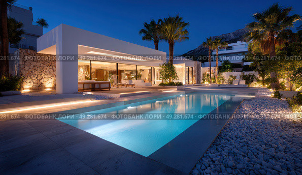A large house with a pool and a patio. Стоковое AI-изображение, AI-художник Ярославский Максим / Фотобанк Лори
