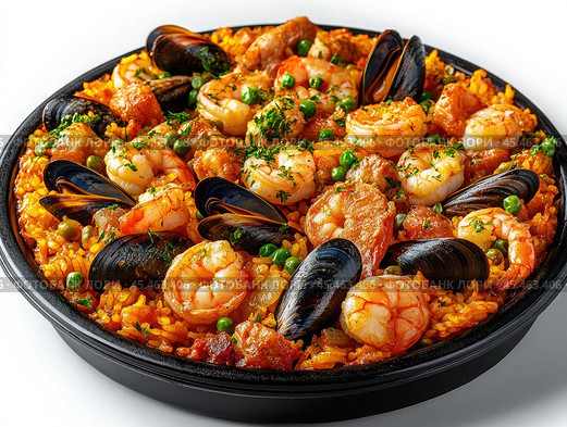 A large plate of freshly cooked paella with boiled rice, shrimp, mussels and tomatoes. National cuisine. Стоковое AI-изображение, AI-художник Ярославский Максим / Фотобанк Лори