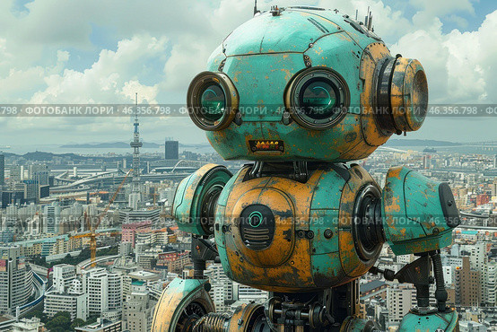 A large steampunk or retrofuturistic robot standing against the backdrop of a modern metropolis. Its body is made in a turquoise and orange color scheme, with worn and rusty effects, which gives it an industrial and vintage look. The robot has large round "eyes" reminiscent of camera lenses or portholes, as well as a complex mechanical design with numerous parts, screws and joints. Behind it lies a city with tall buildings, bridges and TV towers, which creates a contrast between the technological utopia and the industrial past. Стоковое AI-изображение, AI-художник Анна Кривицкая / Фотобанк Лори