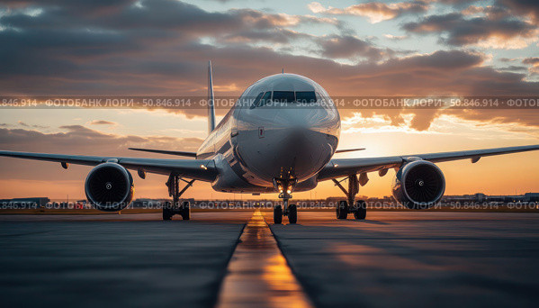 A large white airplane is parked on the runway at sunset. Стоковое AI-изображение, AI-художник Ярославский Максим / Фотобанк Лори