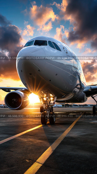 A large white airplane is parked on the runway with the sun shining on it. Стоковое AI-изображение, AI-художник Ярославский Максим / Фотобанк Лори