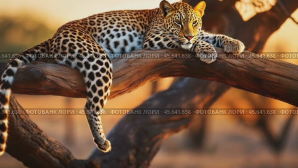 A leopard peacefully sleeps on a large branch bathed in golden sunset light, in a serene savanna landscape, perfectly embodying calm and grace in its natural habitat. Стоковое AI-видео, аниматор Igor Tichonow / Фотобанк Лори