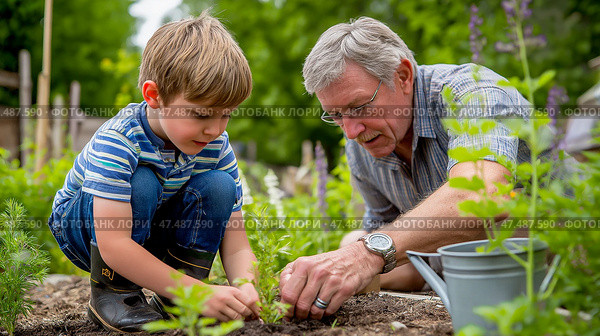 A little boy and his grandfather are working in a lush backyard garden. Стоковое AI-изображение, AI-художник Ирина Ручушкина / Фотобанк Лори