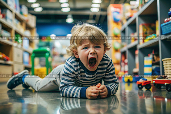 A little boy is lying on the floor in a store. Childish hysteria. The child screams, sobs, gets cranky and gets hysterical. Discontent. Стоковое AI-изображение, AI-художник Photojuli / Фотобанк Лори