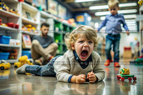 A little boy is lying on the floor in a store. Childish hysteria. The child screams, sobs, gets cranky and gets hysterical. Discontent. Стоковое AI-изображение, AI-художник Photojuli / Фотобанк Лори