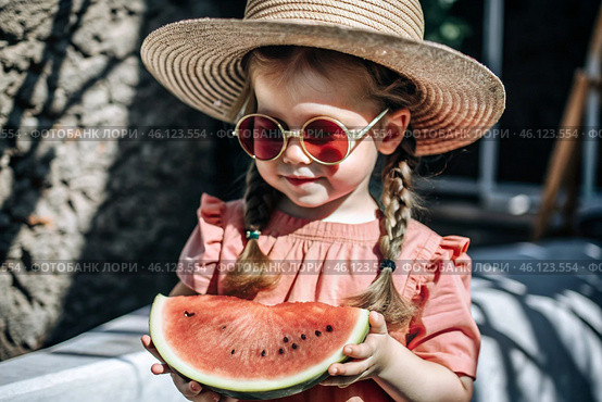 A little girl in sunglasses eats a watermelon in the hot summer. Funny happy child with a watermelon in his hands. Baby looks at the camera, healthy food. Стоковое AI-изображение, AI-художник Photojuli / Фотобанк Лори