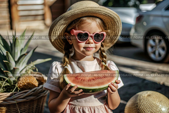 A little girl in sunglasses eats a watermelon in the hot summer. Funny happy child with a watermelon in his hands. Baby looks at the camera, healthy food. Стоковое AI-изображение, AI-художник Photojuli / Фотобанк Лори